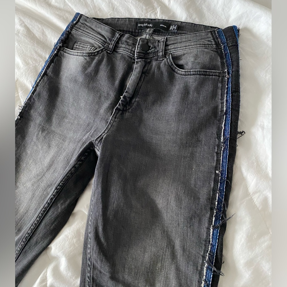 Long tall sally gray striped blue stripe skinny jeans stains